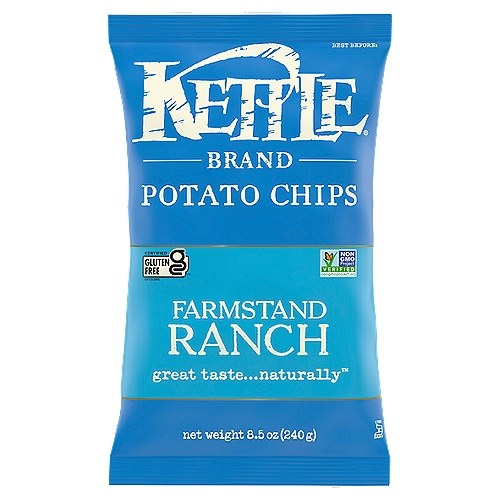 Kettle Brand Potato Chips, Farmstand Ranch Kettle Chips, 8.5 Oz
Kettle Brand Farmstand Ranch kettle chips start with a search for undisputed potato excellence. Determined not to disrupt the flawless, spudsy goodness, these beauties are perfectly sliced, and then kettle cooked, skin on, one small batch at a time. Seasoned with the bold zesty creamy taste of ranch to deliver incredible flavor and a hearty crunch, don't be surprised if they're your new favorites.

When you open a bag of our Kettle Brand potato chips, you know you're getting incredible kettle chips made with authentic recipes by real people. From their farms to our kitchens and then to your home, the time and attention every Kettle Brand worker puts into their products is care you can taste. All that, plus Kettle Brand chips deliver a delicious snack that's non-GMO Project Verified, and Certified Gluten-Free. This large 8.5-ounce bag of chips is perfect for sharing at parties, picnics, or just snacking on the couch. Kettle Brand potato chips. Extra in a good way.