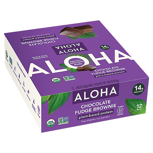 Aloha Chocolate Fudge Brownie Organic Protein Bars, 1.98 oz, 12 count
Plant-Based Protein
Ingredients with Purpose
We believe the best ingredients come straight from the earth. Our proprietary protein blend - made from real pumpkin seeds and brown rice - is full of everything your body needs and free of anything it doesn't (lactose, soy, stevia, and artificial sweeteners, colors, and preservatives).

Made with 14g clean protein, healthy fats from cashews and pumpkin seeds, and delicious, organic dark chocolate.