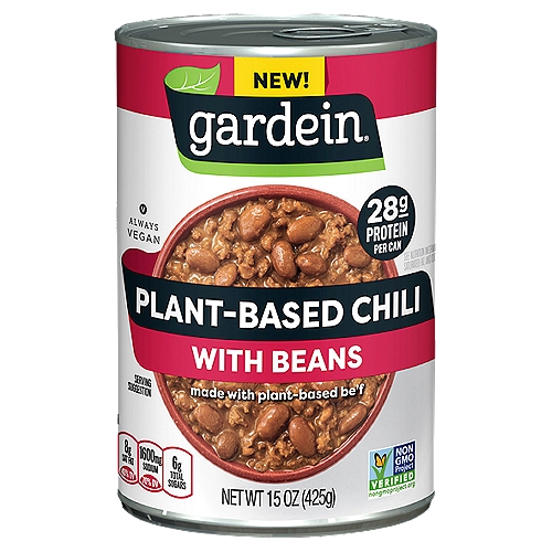 Gardein Plant-Based Chili with Beans, 15 oz
No Artificial preservatives, flavors or dyes*
*Colored with Paprika and Caramel Color

Meet Chili 2.0
Traditional chilis have finally met their match. With hearty plant-based be'f grounds, pinto beans, and a flavorful blend of tomato and spices, there is now a vegan chili that eats like a meat chili and fills you up just like a chili should. Because where there's protein rooted in plants, there's Gardein.