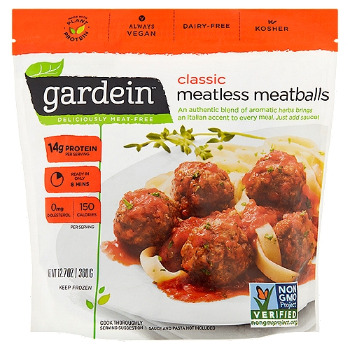 Gardein Classic Meatless Meatballs, 12.7 oz
Be inspired. Eat well.
Italian meatless meatballs with a hint of oregano and fennel - as an appetizer or simply toss into your favorite sauce for a classic pasta. Mama mia, that's dinner!