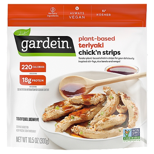 Gardein Teriyaki Chick'n Strips, 10.5 oz
Tender chick'n filets for your deliciously inspired stir-fries, rice bowls and wraps!

Be inspired. Eat well.
Our teriyaki chick'n strips bring out the taste of every dish. Make a quick tortilla or lettuce wrap or add veggies for a meal that's sure to cause a stir!