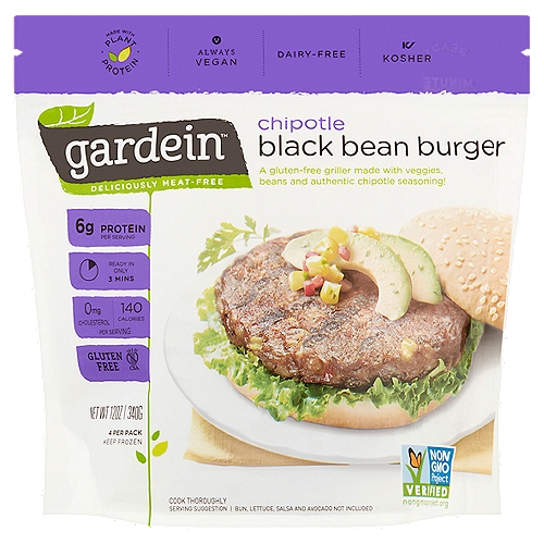 Gardein Chipotle Black Bean Burger, 4 count, 12 oz
A gluten-free griller made with veggies, beans and authentic chipotle seasoning!

Be inspired. Eat well.
Crumble the burgers to put some chipotle in your nachos or quesadillas, or serve on a bun with avocado, arugula, and your favorite topping - you'll relish the taste!