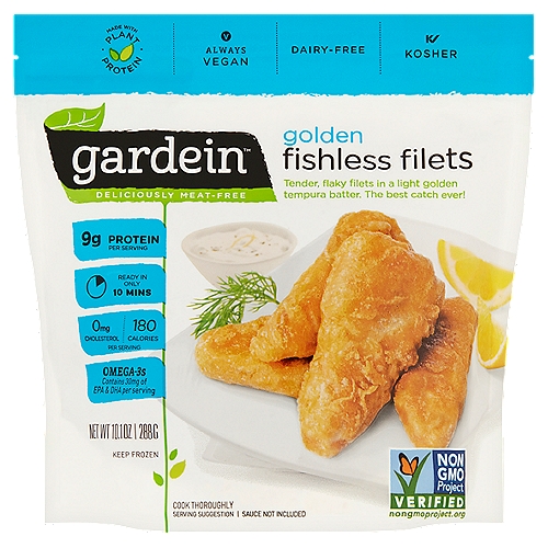 Gardein Golden Fishless Filets, 10.1 oz
Tender, flaky filets in a light golden tempura batter. The best catch ever!

Be inspired. Eat well.
Bring home the taste of the ocean with our fishless filets! Dive into a delicious sandwich, taco or throw in a side of chips and a splash of vinegar for classic taste!