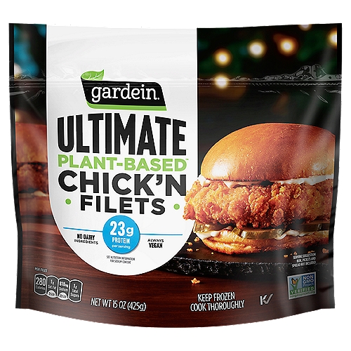 Gardein Ultimate Plant-Based Chick'n Filets, Vegan, Frozen, 15 oz.
Finally, a vegan chicken alternative you can really sink your teeth into. Gardein Ultimate Plant-Based Chick'n Filets are a mouthwatering plant-based chicken alternative. These crisp, breaded, plant-based chick'n filets look, cook, taste and satisfy like real chicken. Each meatless filet is vegan and Non-GMO Project Verified, contains no dairy ingredients and provides 23 grams of protein per serving. Whether you prefer adding your favorite veggies for a flavorful sandwich, or serving with pasta and your favorite sauce for a tasty dinner, these meatless patties make a mouthwatering chicken substitute. Gardein: Delicious Plant-Based Protein.

When it comes to fried chicken, sacrifice is never on the menu. That's why we combine the perfect non-GMO, plant-based ingredients to create chick'n that's as crisp and tender as the real thing. When you're building the perfect sandwich, every bite will be crunchy outside and juicy inside.