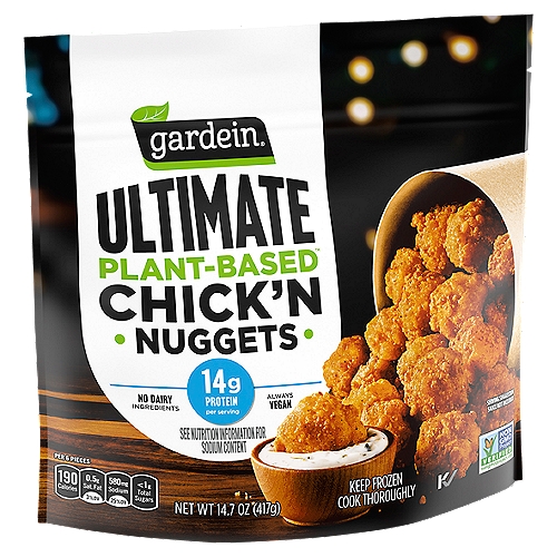 Gardein Ultimate Plant-Based Chick'n Nuggets, Vegan, Frozen, 14.7 oz.
Finally, a vegan chicken alternative you can really sink your teeth into. Gardein Ultimate Plant-Based Chick'n Nuggets are a mouthwatering plant-based chicken alternative. These crisp, breaded, plant-based chick'n nuggets look, cook, taste and satisfy like real chicken. They're vegan and Non-GMO Project Verified, contain no dairy ingredients and provide 15 grams of protein per serving. Whether you prefer dunking them in your favorite sauce or enjoying them plain, these meatless nuggets make a mouthwatering chicken substitute. Gardein: Delicious Plant-Based Protein.

When it comes to fried chicken, sacrifice is never on the menu. That's why we combine the perfect non-GMO, plant-based ingredients to create chick'n that's as crisp and tender as the real thing. Whether you're dipping into your favorite sauce or simply enjoying our delicious homestyle breading, every bite will be crunchy outside and juicy inside.