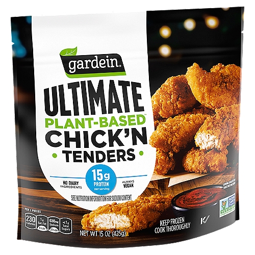 Gardein Ultimate Plant-Based Chick'n Tenders, Vegan, Frozen, 15 oz.
Finally, a vegan chicken alternative you can really sink your teeth into. Gardein Ultimate Plant-Based Chick'n Tenders are a mouthwatering plant-based chicken alternative. These crisp, breaded, plant-based chick'n tenders look, cook, taste and satisfy like real chicken. They're vegan and Non-GMO Project Verified, contain no dairy ingredients and provide 15 grams of protein per serving. Whether you prefer dunking them in your favorite sauce or adding them to your favorite recipes, these meatless tenders make a mouthwatering chicken substitute. Gardein: Delicious Plant-Based Protein.

When it comes to fried chicken, sacrifice is never on the menu. That's why we combine the perfect non-GMO, plant-based ingredients to create chick'n that's as crisp and tender as the real thing. Whether you're dipping into your favorite sauce or making the perfect salad, every bite will be crunchy outside and juicy inside.