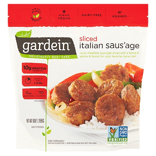 Gardein Sliced Italian Saus'age, 9 oz
Juicy meatless saus'age slices with a blend of spices & fennel for your favorite Italian dish.

Be inspired. Eat well.
Our Italian Saus'age Slices will bring the taste of Italy right to your home. Simply serve it over pasta or rice and you'll be saying, ''oh delizioso''!