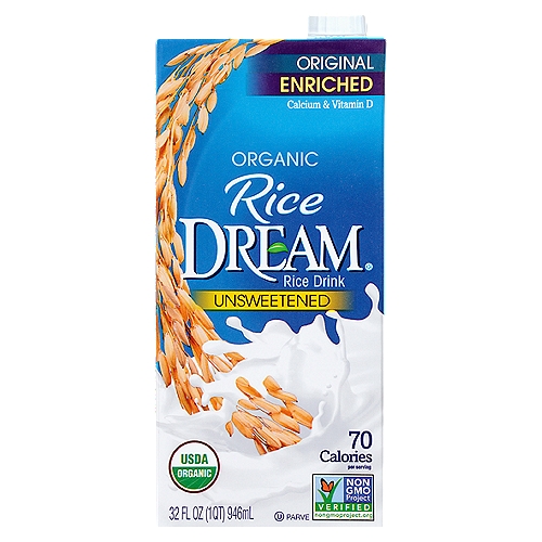 Rice Dream® Unsweetened Organic Rice Drink 32 fl. oz. Aseptic Pack
Taste the Dream®
Non-dairy drinkers, reach confidently for delicious, Organic Rice Dream® Enriched rice drink. It's refreshing and full of nutrition while being dairy free, soy free and low in fat. It pours on the flavor without cholesterol, but with plenty of calcium and vitamin D. So, Have a Dream™ about cereal, smoothies or other recipes, or just a cold, satisfying glass!

Benefits
✓ Less than 1g of sugar per serving
✓ Lactose free and dairy free
✓ Excellent source of calcium and vitamin D
✓ With vitamins A and B12
✓ Certified organic
✓ Non-GMO Project Verified
✓ Soy free
✓ Cholesterol free
✓ Gluten free
✓ Kosher
✓ Vegan