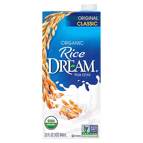 Rice Dream® Original Classic Organic Rice Drink 32 fl. oz. Aseptic Pack
Taste the Dream®
Non-dairy drinkers, reach confidently for delicious, Organic Rice Dream® Classic Original rice drink. It's full of refreshment and nutrition while being dairy free, soy free, and low in fat. It pours on the flavor without cholesterol.

So, Have a Dream™ about cereal, smoothies or other recipes, or just a cold, satisfying glass! Finally, news that's easy, very easy to digest!

Benefits
✓ Lactose free and dairy free
✓ Certified organic
✓ Non-GMO Project Verified
✓ Soy free
✓ Cholesterol free
✓ Gluten free
✓ Kosher
✓ Vegan