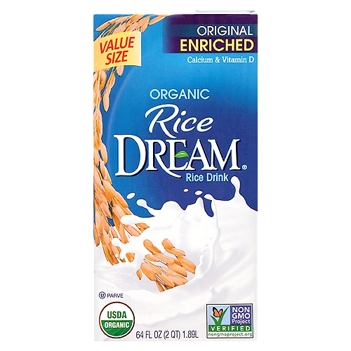 Rice Dream® Organic Enriched Original Rice Drink 64 fl. oz. Aseptic Pack
Taste the Dream®
Non-dairy drinkers, reach confidently for delicious, Organic Rice Dream® Enriched Original rice drink. It's refreshing and full of nutrition while being dairy free, soy free and low in fat.
It pours on the flavor without cholesterol, but with plenty of calcium and vitamin D.
So, Have a Dream™ about cereal, smoothies or other recipes, or just a cold, satisfying glass!

Benefits
✓ Lactose free and dairy free
✓ Excellent source of calcium & vitamin D
✓ With vitamins A and B12
✓ Certified organic
✓ Non-GMO Project Verified
✓ Soy free
✓ Cholesterol free
✓ Gluten free
✓ Kosher
✓ Vegan