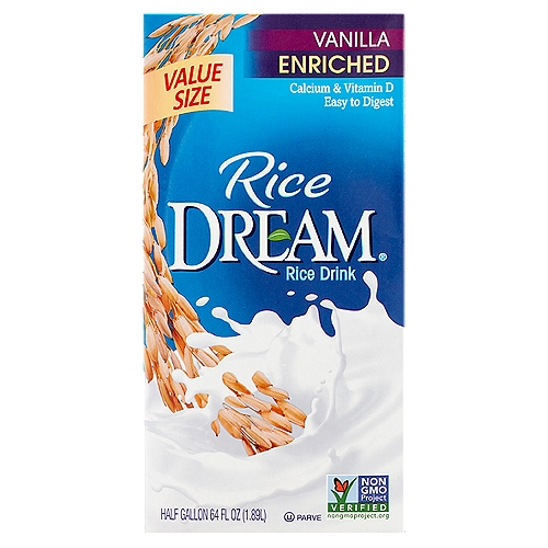 Rice Dream Vanilla Enriched Rice Drink Value Size, 64 fl oz
A Whole New Way to Dream™
Non-dairy drinkers, reach confidently for delicious, Rice Dream® Enriched Vanilla Rice Drink. It's full of refreshment and nutrition while being dairy free, soy free, and low in fat. It pours on the flavor without cholesterol, but with plenty of calcium and vitamin D.

So you can Dream™ all you want - about cereal, smoothies, recipes, or just a cold, satisfying glassful. Finally, news that's easy, very easy to digest!

Benefits
✓ Lactose free and dairy free
✓ Excellent source of calcium and vitamin D
✓ With vitamins A and B12
✓ Non-GMO Project Verified
✓ Easy to digest
✓ 99% fat free
✓ Soy free
✓ Cholesterol free food
✓ Gluten free
✓ Kosher
✓ Vegan