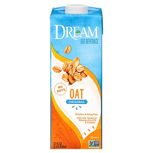 Dream® Original Oat Beverage 32 fl. oz. Aseptic Pack
Our founder, Robert Nissenbaum, had a dream and a passion for well-being through better food and beverage choices. Beginning with Rice Dream®, his vision helped create a whole new category.
Our plant-based beverages help you live your Dream®, every day. Oat Beverage transforms one of nature's ancient grains to give you the rich and creamy taste you crave, with vitamins and minerals your body needs. It's the perfect addition to your favorite smoothie, morning coffee, or just straight to the glass (cookie on the side optional).

As much calcium as cow's milk*
* Not nutritionally equivalent to cow's milk.