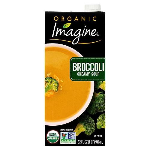 Imagine™ Organic Broccoli Creamy Soup 32 fl. oz. Aseptic Pack
It starts with real ingredients.
Imagine® garden-grown organic broccoli paired with garlic and onions in a rich, velvety vegetable stock. It's a satisfying country-style soup with the authentic taste of homemade.

Our commitment to you:
• Organic Certified
• Non-GMO Project Verified
• Vegan
• Non-Dairy
• Gluten Free
• No Added MSG
• No Artificial Ingredients and No Preservatives

Every Imagine® Creamy Soup starts with the finest farm-grown vegetables, harvested at the peak of freshness and expertly blended with select herbs and spices. Our commitment to using premium ingredients comes through in every spoonful - so you can serve the rich, authentic flavors of homemade every day of the week.