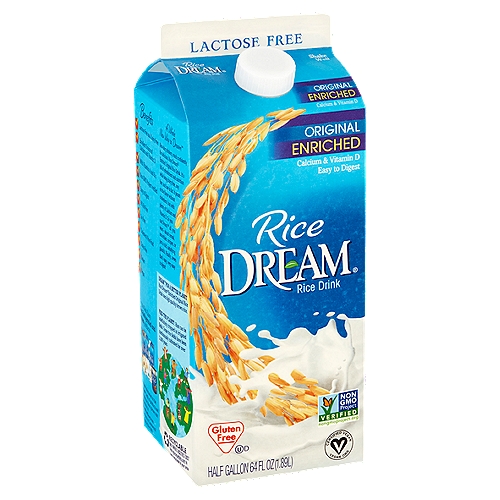Rice Dream Original Enriched Rice Drink, half gallon
Benefits
✓ Lactose free and dairy free
✓ Excellent source of calcium and vitamin D
✓ With vitamins A and B12
✓ Non-GMO Project verified
✓ Easy to digest
✓ 99% fat free
✓ Soy free
✓ Cholesterol free food
✓ Gluten free
✓ Kosher
✓ Vegan

A Whole New Way to Dream™
Non-dairy drinkers, reach confidently for delicious, Rice Dream® Enriched Original Rice Drink. It's full of refreshment and nutrition while being dairy free, soy free, and low in fat. It pours on the flavor without cholesterol, but with plenty of calcium and vitamin D. So you can Dream™ all you want - about cereal, smoothies, recipes, or just a cold, satisfying glassful. Finally, news that's easy, very easy to digest!