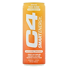 C4 Smart Energy Zero Sugar Sparkling Peach Mango Energy Drink, 12 fl oz, 12 Fluid ounce
