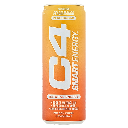 C4 Smart Energy Zero Sugar Sparkling Peach Mango Energy Drink, 12 fl oz