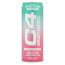 C4 Smart Energy Zero Sugar Watermelon Burst Sparkling Energy Drink, 12 fl oz, 12 Fluid ounce