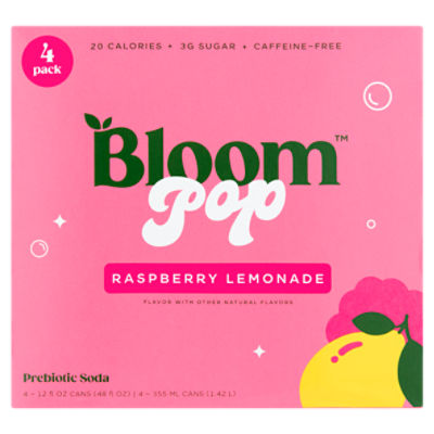 Bloom Pop Raspberry Lemonade Prebiotic Soda, 12 fl oz, 4 count