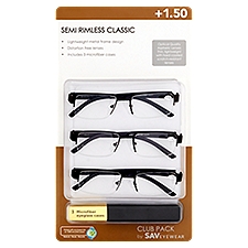 SAV Eyewear Club Pack +1.50 Semi Rimless Classic Glasses and Microfiber Eyeglass Cases