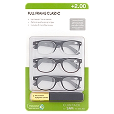 SAV Eyewear Club Pack +2.00 Full Frame Classic Glasses and Microfiber Eyeglass Cases