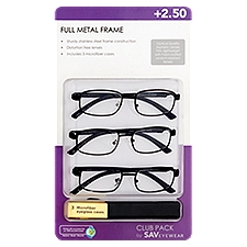 SAV Eyewear Club Pack +2.50 Full Metal Frame Glasses and Microfiber Eyeglass Cases