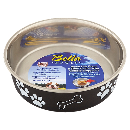 Loving Pets Bella Medium Bowls
• Vet-recommended stainless steel interior resists bacteria
• Removeable rubber base prevents spills and noise
• Dishwasher safe (please remove rubber ring before washing)

Make This Bowl a Slow Feeder with Gobble Stopper®!