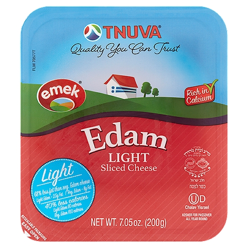 Tnuva Edam Light Sliced Cheese, 7.05 oz
Light
68% less fat than reg. edam cheese light edam - 2.5g fat / reg. edam - 8g fat 
40% less calories - light edam 60 calories, reg. edam 100 calories