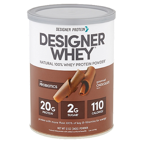 Designer Protein Designer Whey Gourmet Chocolate Flavor Protein Powder, 12 oz
Natural 100% Whey Protein Powder*
*natural whey protein with added nutritional benefits

20g Protein†, 2g Sugar†, 110 Calories†
† per serving

Protein-Rich Nutrition
Features 100% whey protein with a full spectrum of peptides. We've added vegetable-based digestive enzymes to support protein absorption, B-vitamins to help convert protein to usable energy as well as calcium, vitamin D, phosphorus, magnesium, zinc, probiotics and electrolytes for post-workout recovery.

From a Natural Source
Made from natural, GMO-free whey from midwest cows cared for with a diet free of artificial growth hormones and antibiotics. There are no artificial colors, flavors, sweeteners or preservatives in our protein powder.