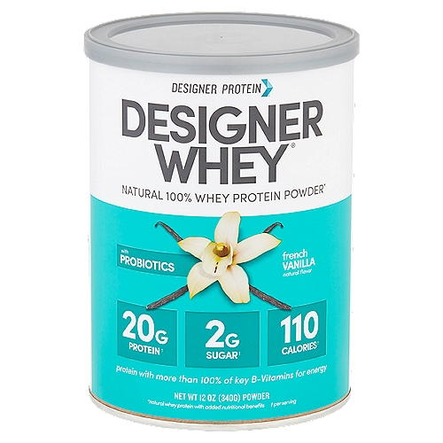 Designer Protein Designer Whey French Vanilla Protein Powder, 12 oz
Natural 100% Whey Protein Powder*
*natural whey protein with added nutritional benefits

20g Protein†, 2g Sugar†, 110 Calories†
† per serving

Protein-Rich Nutrition
Features 100% whey protein with a full spectrum of peptides. We've added vegetable-based digestive enzymes to support protein absorption, B-vitamins to help convert protein to usable energy as well as calcium, vitamin D, phosphorus, magnesium, zinc, probiotics and electrolytes for post-workout recovery.

From a Natural Source
Made from natural, GMO-free whey from midwest cows cared for with a diet free of artificial growth hormones and antibiotics. There are no artificial colors, flavors, sweeteners or preservatives in our protein powder.