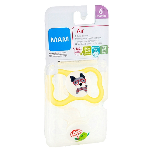 MAM Air Pacifier, 6+ Months, 2 count
BPA°, BPS free
°BPA/BPS free. All MAM products are made from materials free of BPA and BPS.

Handle
■ Quick & easy to grasp
■ For easy attachment to a clip

Shield
■ Extra air flow
■ Especially skin-friendly, less skin irritation

MAM Design
■ Symmetric shape, always fits perfectly in baby's mouth
■ Designed with dentists for healthy dental development

SkinSoft™ Silicone
■ SkinSoft™ Silicone surface that feels familiar to baby
■ Easily accepted by babies