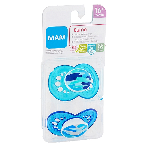 MAM Camo Pacifiers, 16+ Months
BPA°, BPS free
°BPA/BPS free: All MAM products are made from materials free of BPA and BPS.

Shield
■ Curved shield, big air holes, and innovative inside surface all comfort baby and help prevent skin irritation

SkinSoft™ Silicone
■ SkinSoft™ Silicone surface that feels familiar to baby
■ Easily accepted by babies

Handle
■ Quick & easy to grasp
■ For easy attachment to a clip

MAM Design
■ Symmetric shape, always fits perfectly in baby's mouth
■ Designed with dentists for healthy dental development