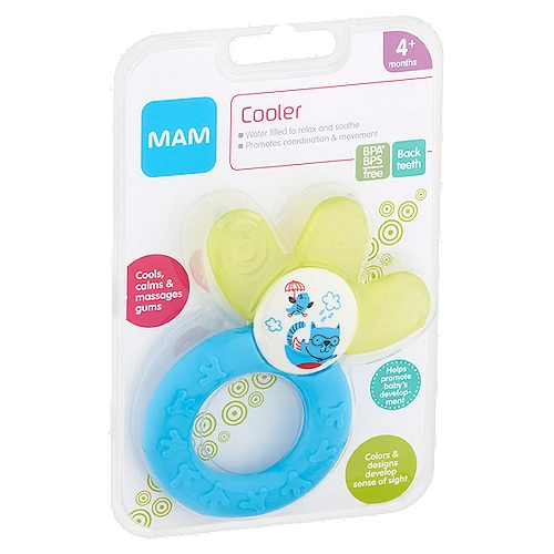 MAM Cooler Teether, 4+ months
For soothing relief MAM designers have developed a teether that not only cools, but also looks cool. The Cooler massages, relaxes and soothes while baby develops sight and coordination.

Water Filled Cooling Element
■ Unique shape reaches back teeth perfectly
■ Cools & calms tender gums

Ring Handle
■ Curved shape is easy to grab & hold

5 Textures
■ Massage sensitive gums

Developed with Medical Experts
Teamwork with medical experts for maximum safety. Only after approval by medical experts is a MAM innovation ready for baby life.

MAM Teether Range
MAM designers have worked closely with medical experts to develop innovative teethers. The unique MAM Teethers not only make teething easier but also develop the senses and promote babies' active perception.