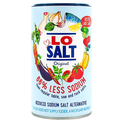LoSalt Original Reduced Sodium Salt Alternative, 12.3 oz
The LoSalt Difference
Regular salt: 510mg sodium per 1/4 tsp
LoSalt: 170mg sodium per 1/4 tsp

A great tasting seasoning that's better for you
If you're looking to reduce sodium in your diet, switching to LoSalt is a simple step in the right direction. Containing 66% less sodium than regular table, sea and rock salts, LoSalt is a better for you alternative for seasoning, cooking and baking - with no compromise on flavor! The perfect blend of two natural mineral salts, LoSalt is a great choice for your table and kitchen cupboard.

Suitability
✓ Vegetarians
✓ Vegans
✓ Nut allergy sufferers