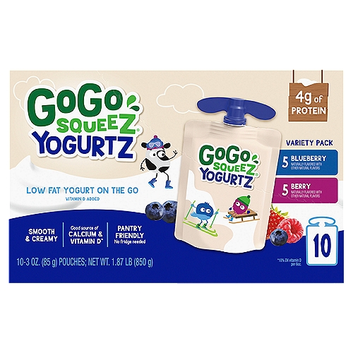 Materne GoGo Squeeze Blueberry and Berry Low Fat Yogurt on the Go Variety Pack, 3 oz, 10 count
Finally- a truly portable, take-anywhere yogurt in a pouch!
Not "freeze overnight & thawed by lunch" portable, but truly shelf-stable, grab & go portable. It's yogurt like only GoGo Squeez could make it.

No artificial growth hormones like rBST.†
†Made with milk from cows not treated with hormones like rBST. No significant difference has been shown between milk derived from rBST-treated and non-rBST-treated cows.