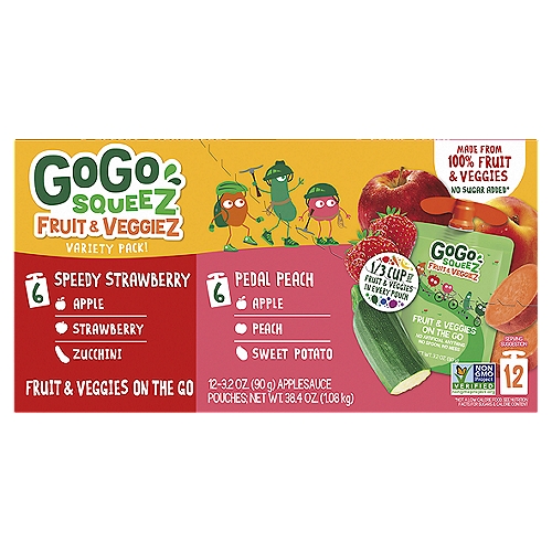 Materne GoGo Squeez Fruit & Veggies on the Go Variety Pack, 3.2 oz, 12 count
Speedy Strawberry, Pedal Pedal Peach Fruit & Veggies on the Go

No sugar added*
*Not a low calorie food. See nutrition facts for sugars & calorie content.