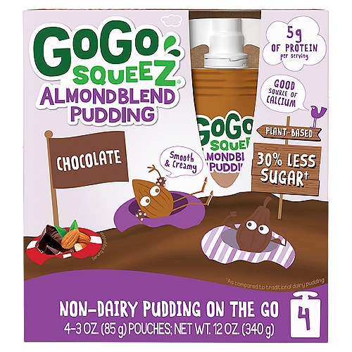GoGo Squeez Chocolate Almond Blend Non-Dairy Pudding on the Go, 3 oz, 4 count
30% Less Sugar†
†As compared to traditional dairy pudding

It's a tasty, crave-worthy treat with 5g of protein per serving and added calcium that's sure to leave your family smiling.