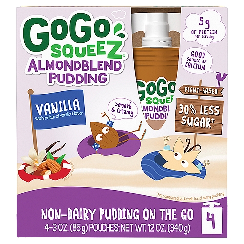 GoGo Squeez Vanilla Almond Blend Non-Dairy Pudding on the Go, 3 oz, 4 count
30% Less Sugar†
†As compared to traditional dairy pudding

It's a tasty, crave-worthy treat with 5g of protein per serving and added calcium that's sure to leave your family smiling.