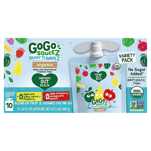 GoGo Squeez Happy Tummiez Organic Blend of Fruit & Veggies on the Go Variety Pack, 3.2 oz, 10 count