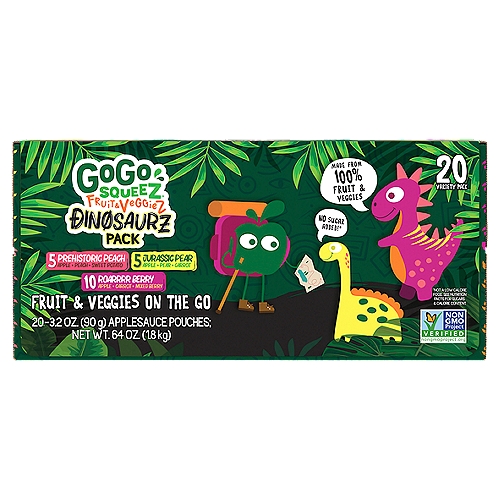GoGo Squeez Dinosaurz Fruit & Veggies on the Go Variety Pack, 3.2 oz, 20 count
No Sugar Added*
*Not a Low Calorie Food. See Nutrition Facts for Sugars & Calorie Content.