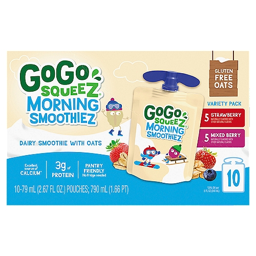 GoGo Squeez Blend of Yogurt, Fruit, & Oats Morning Smoothiez Variety Pack, 3 oz, 10 count
Strawberry - Naturally Flavored Heat Treated After Culturing Vitamin D Added
Mixed Berry - Naturally Flavored Heat Treated After Culturing Vitamin D Added

Make Mornings a BreeZe! GoGo squeeZ® Smoothiez are the perfect start to any day. Made with gluten free whole oats, yummy fruit, and smooth, creamy yogurt, they provide delicious morning energy in a convenient portable pouch. It's so easy to keep kids happy and ready for anything with these pantry-friendly, delicious yogurt smoothies!

This mess-free smoothie provides the nutrition parents want, with the flavor kids love. Morning smoothieZ-starting the day off right from the moment they run out the door!

No artificial growth hormones like rBST†
†Made with milk from cows not treated with hormones like rBST. No significant difference has been shown between milk derived from rBST-treated and non-rBST-treated cows.