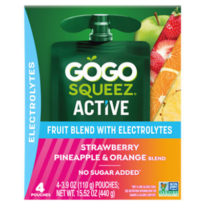 GoGo Squeez Active Strawberry Pineapple & Orange Fruit Blend with Electrolytes, 3.9 oz, 4 count