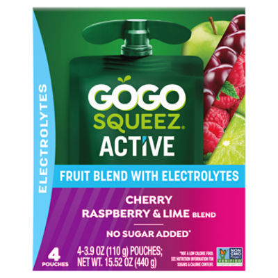 Gogo Squeez Active Cherry, Raspberry & Lime Fruit Blend with Electrolytes, 3.9 oz, 4 count