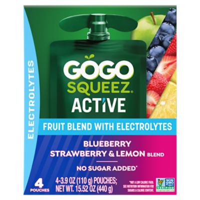 Gogo Squeez Active Blueberry, Strawberry & Lemon Fruit Blend with Electrolytes, 3.9 oz, 4 count