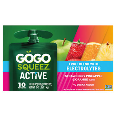 GoGo Squeez Active Strawberry, Pineapple & Orange Fruit Blend with Electrolytes, 3.9 oz, 10 count