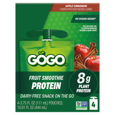 GoGo 8g Plant Protein Apple Cinnamon Fruit Smoothie Dairy-Free Snack on the Go, 3.75 fl oz, 4 count