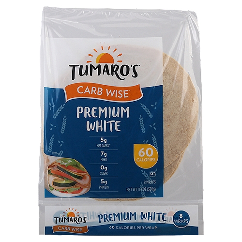 Tumaro's Carb Wise Premium White Wraps, 8 count, 11.2 oz
5g Net Carbs**
How to Calculate Net Carbs**
Total carbohydrates less the total dietary fiber provides total net carbs.
12g total carbs - 7g dietary fiber = 5g net carbs

Tumaro's (to-mar-oh's)
Life is a series of choices, not sacrifices! Tumaro's is here to help you make healthier decisions without giving up the things you love. Start by skipping the sandwich, enjoy a wrap instead and soon enough you'll be swapping the elevator for the stairs. Yesterday is in the past. Today's the day. Where will you go?

Today's the day®
So much more than just a wrap!
Air Fried Chips, Pizza Crust, Baked Taco Bowl, Pizza Crust, Cheesy Quesadilla, Grilled Burrito and even dessert!