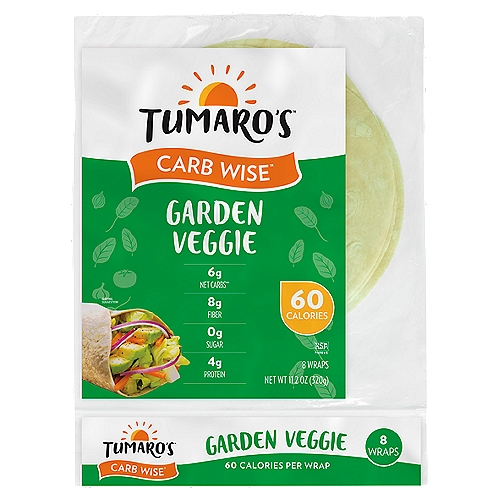 TUMARO'S Carb Wise Garden Veggie Wraps, 8 count, 11.2 oz
6g Net Carbs**

How to Calculate Net Carbs**
Total carbohydrates less the total dietary fiber provides total net carbs.
14g total carbs - 8g dietary fiber = 6g net carbs

Today's the Day®
So much more than just wrap!
Air Fried Chips, Baked Taco Bowl, Pizza Crust, Cheesy Quesadilla, Grilled Burrito and even Dessert!