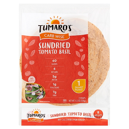 Tumaro's Carb Wise Sundried Tomato Basil Wraps, 8 count, 11.2 oz
How to Calculate Net Carbs
Total carbohydrates less the total dietary fiber provides total net carbs.
13g total carbs - 7g dietary fiber = 6 net carbs