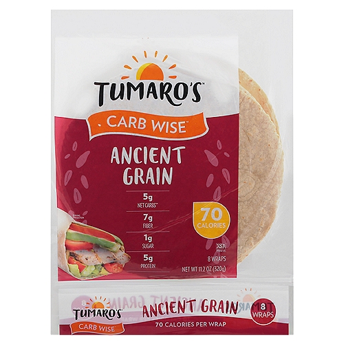Tumaro's Carb Wise Ancient Grain Wraps, 8 count, 11.2 oz
5g Net Carbs**

Today's the Day®
So much more than just wrap!
Air Fried Chips, Baked Taco Bowl, Pizza Crust, Cheesy Quesadilla, Grilled Burrito and even Dessert!

How to Calculate Net Carbs**
Total carbohydrates less the total dietary fiber provides total net carbs.
12g total carbs - 7g dietary fiber = 5g net carbs