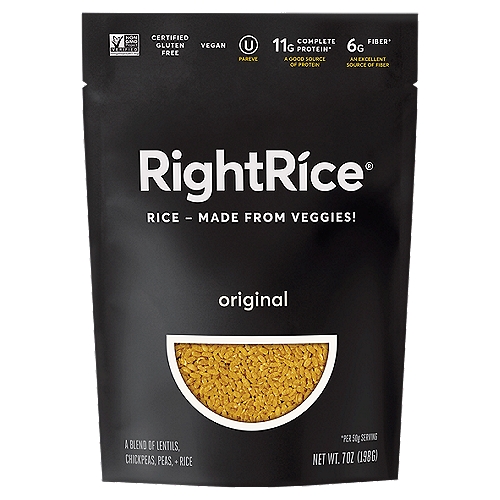 RightRice Original Rice, 7 oz
A Blend of Lentils, Chickpeas, Peas + Rice

10g Complete Protein*
5g Fiber*
*Per 50g Serving

Our new grain is packed with the power of vegetables. (We found a way.)
We love rice. That's what inspired us to create a blend of over 90% nutritious vegetables + rice into a tasty grain that gives you more plant-based protein and fiber. Now you can soak up great sauces, complement courses, and inspire your next meal—all on a carb-friendly diet. Enjoy Original RightRice® seasoned your way, or try one of our already seasoned flavors.

RightRice®: Protein: 10g; White Rice*: Protein: 4g
RightRice®: Fiber: 5g; White Rice*: Fiber: 0g
RightRice®: Net Carbs†: 25g; White Rice*: Net Carbs†: 39g
RightRice® is a complete protein
*leading white rice, per 50g dry rice
†net carbs = total carbs - dietary fiber